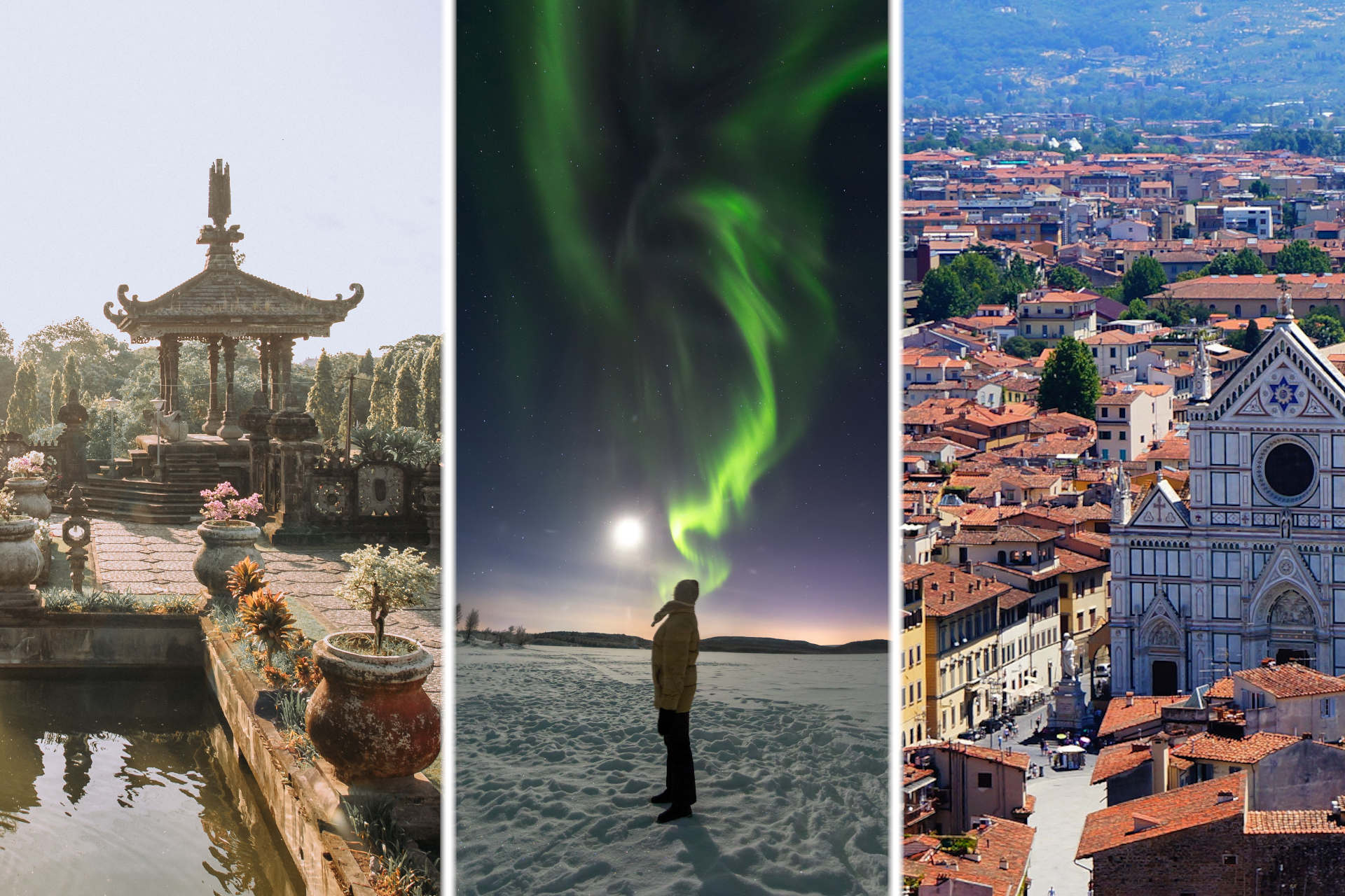 Chinesisches Pavillon, Polarlicht mit Mensch im Schnee, italienische Kapelle
