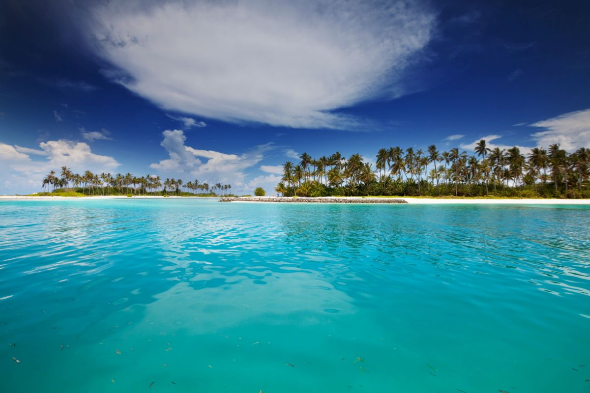 Blaues Meer mit Strand und Palmen